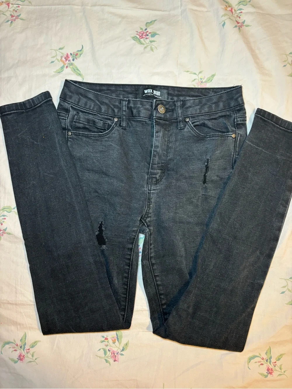 Wax Jean Black Skinny Jeans with Distressed Detail